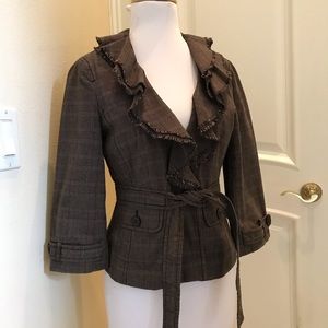 Loft brown tweed ruffle front jacket